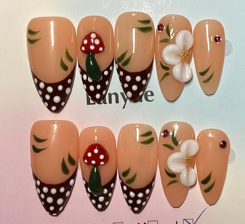 3D Mushroom & Flower Polka Dot French Tips Handmade Almond Press-On Nails Large
